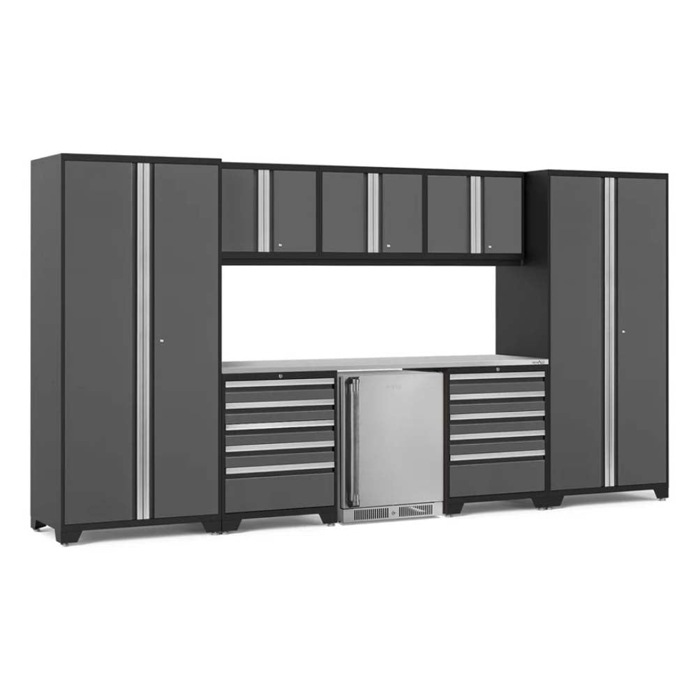 Garage Storage System Composed Of Tall Cabinets Upper Wall-Mounted Units And Two Drawer Bases Flanking A Built-In Stainless Steel Beverage Cooler