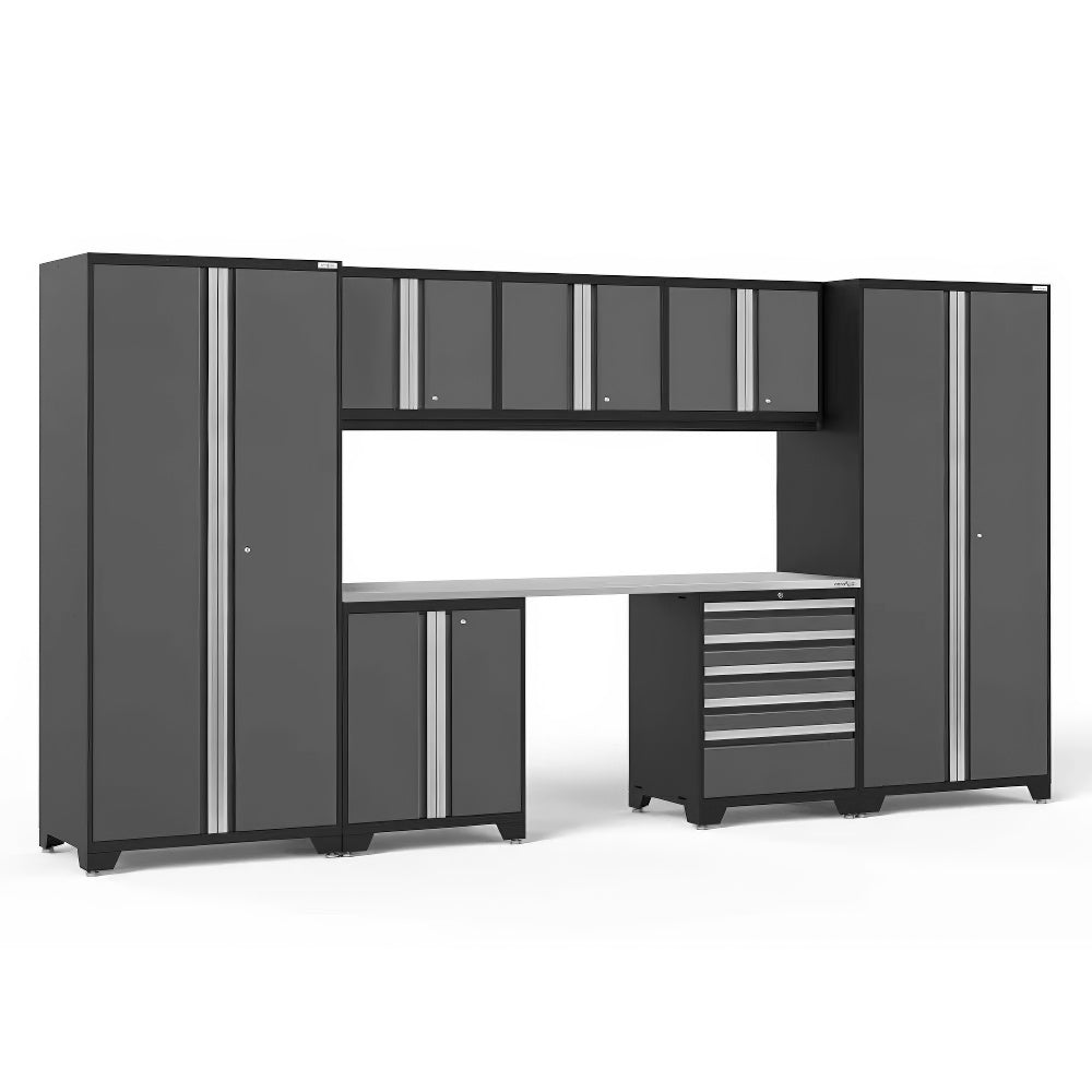 Garage Storage System Features Tall Lockers Overhead Cabinets Lower Cabinets And A Stainless Steel Work Surface