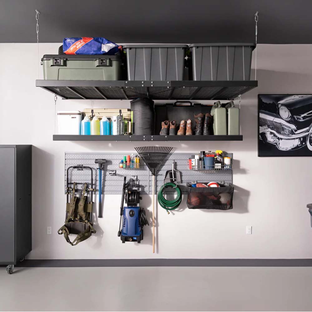 Garage Storage System Featuring Pro Series 4 Ft X 8 Ft Steel Shelf Holding Large Containers And Equipment