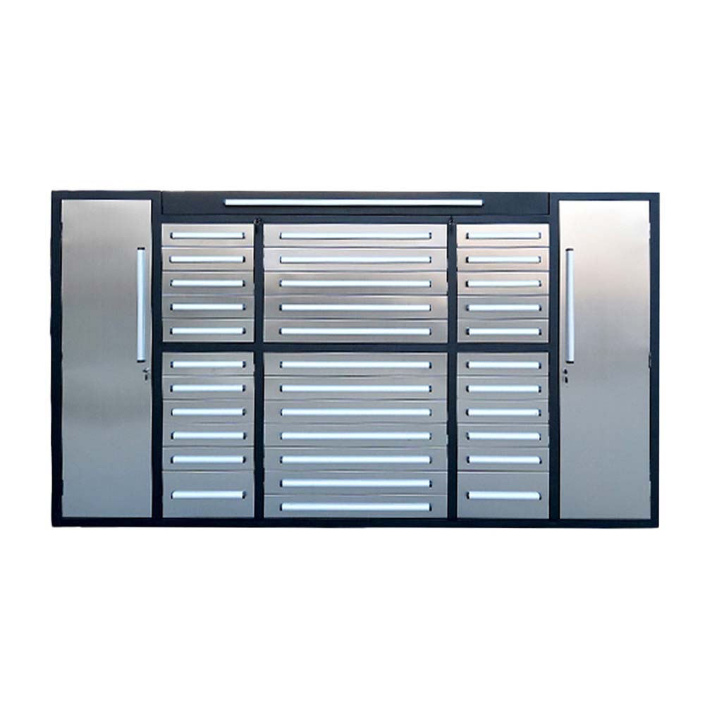 Garage Storage Unit With Two Tall Side Lockers And Multiple Center Drawers