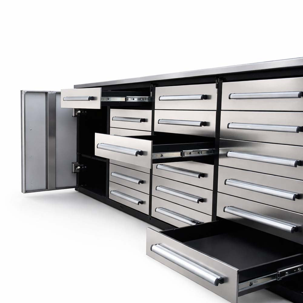 Garage Tool Storage Cabinet With An Open Side Door And Multiple Pullout Drawers Extended