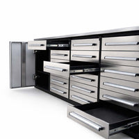 Garage Tool Storage Cabinet With An Open Side Door And Multiple Pullout Drawers Extended