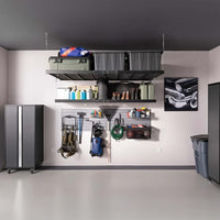 Garage Wall With Overhead Shelving Cabinets Pegboards And Organized Tools And Supplies