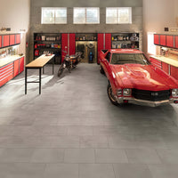 Garage With Red Muscle Car Motorcycle And Red Cabinet Workstations Along The Walls