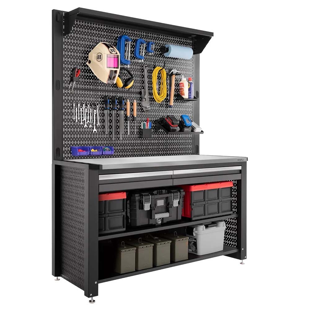 Garage Workbench With Pegboard Back Shelf And Organized Tools