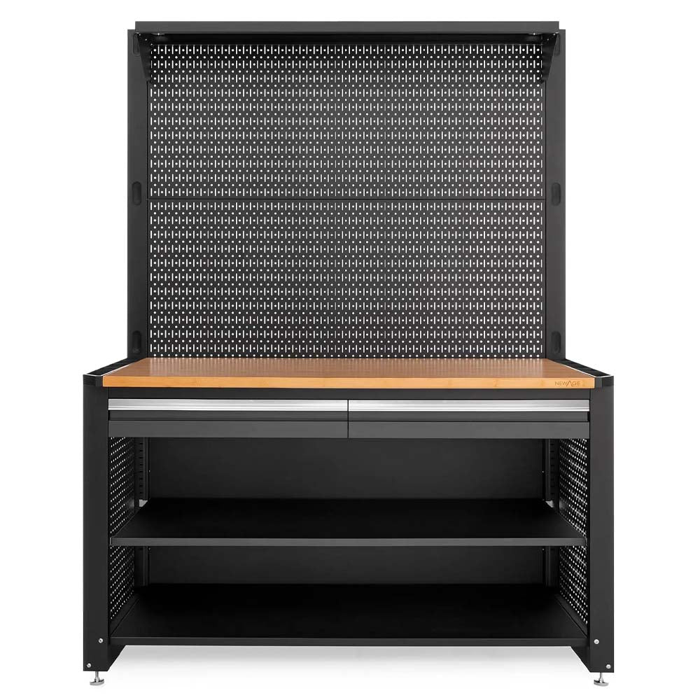 Garage Workbench With Wood Top Pegboard Back Dual Drawers And Open Storage Shelves