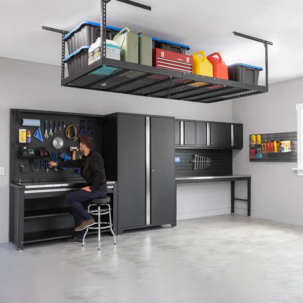 Garage Workspace Featuring NewAge VersaRac 4 Ft X 8 Ft Pro Overhead Rack Black Holding Bins And Containers