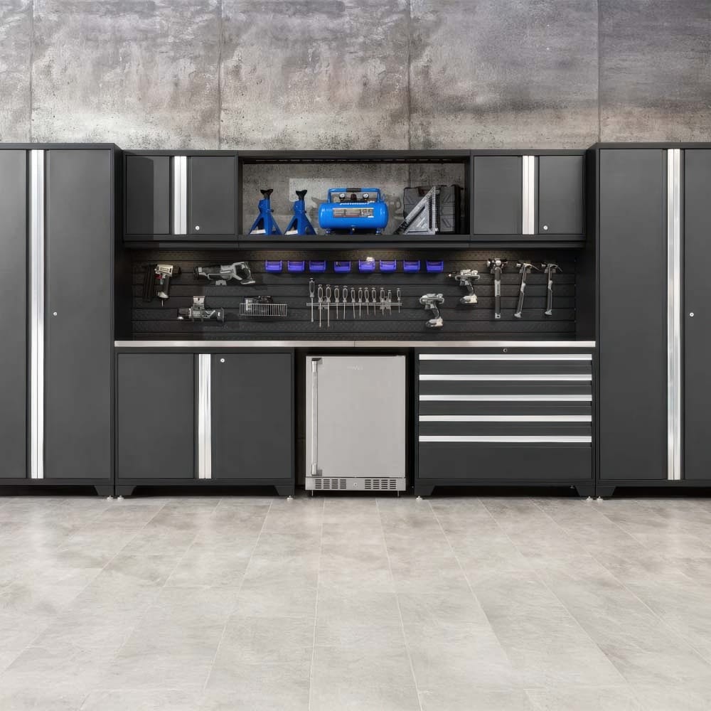 Garage Workstation With Dark Cabinets Slatwall Tool Display Wood Workbench Drawer Bank And Built In Stainless Mini Fridge