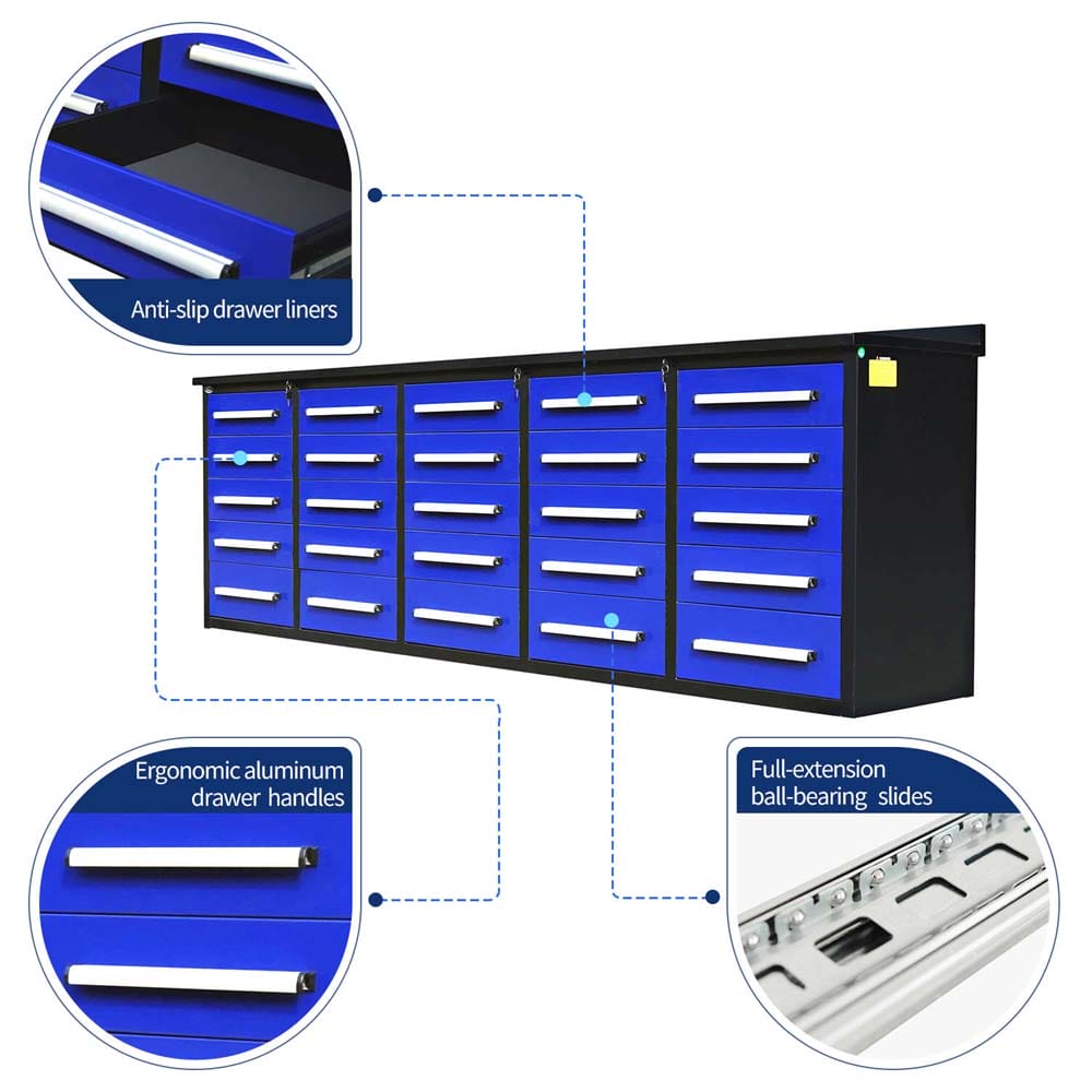 Graphic Shows A Blue Multi Drawer Workbench