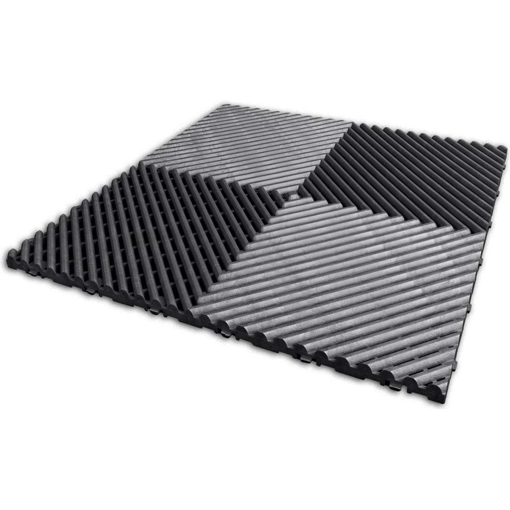 Graphite Racedeck Free Flow XL Garage Flooring Composed Of Four Interlocking Sections Each Featuring Parallel Ridges