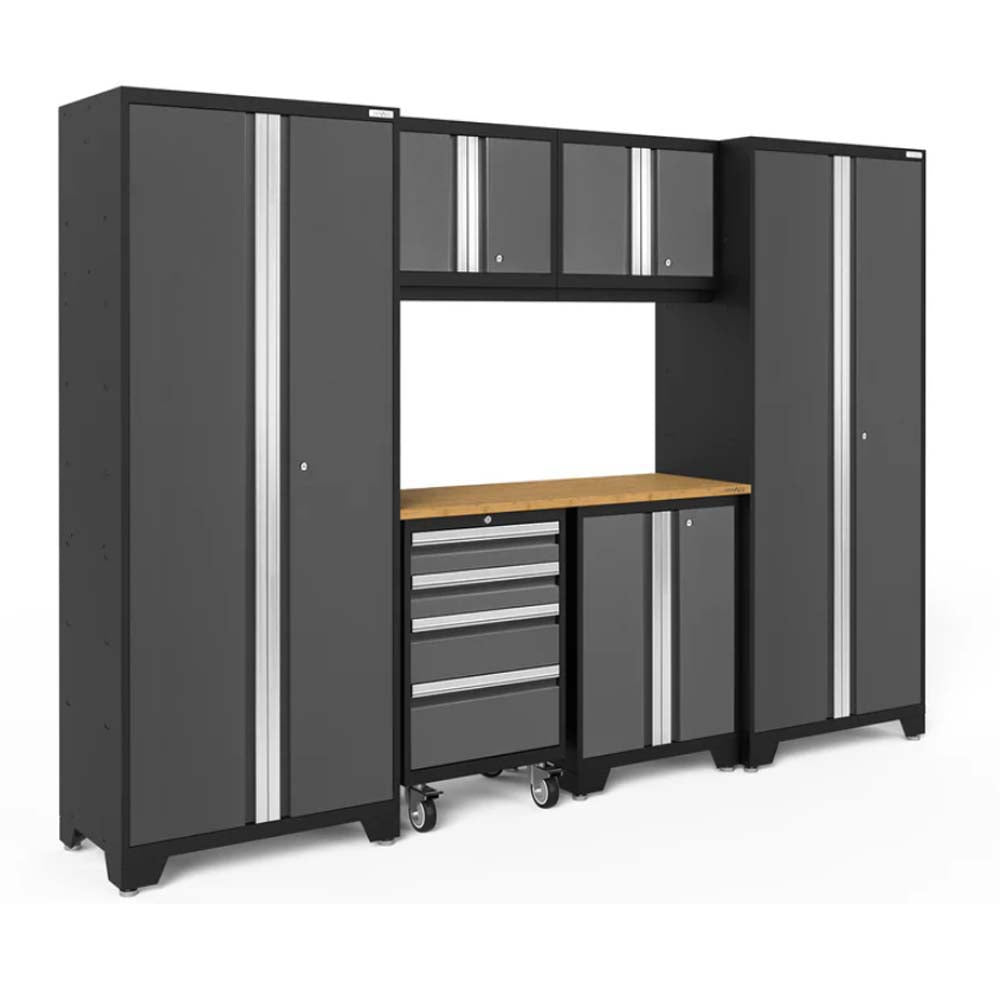 Gray And Black Garage Cabinet System Featuring Two Tall Lockers Upper Storage Compartments A Wood Worktop A Rolling Tool Drawer Chest And A Lower Cabinet