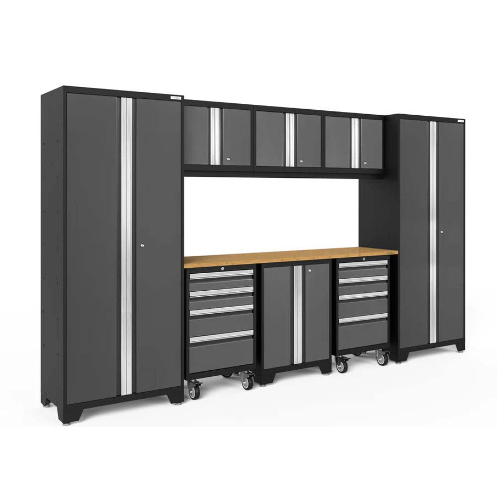 Gray And Black Modular Garage Storage System With Sleek Silver Handles Upper And Lower Cabinets Rolling Drawer Units And A Wooden Worktop