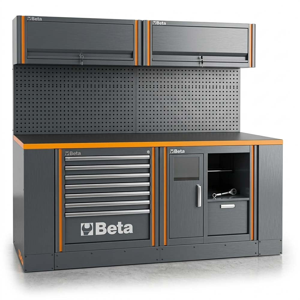 Gray And Orange Beta Workstation With Upper Lockable Cabinets A Pegboard Backpanel A Multi Drawer Tool Chest And Lower Storage