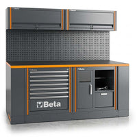 Gray And Orange Beta Workstation With Upper Lockable Cabinets A Pegboard Backpanel A Multi Drawer Tool Chest And Lower Storage