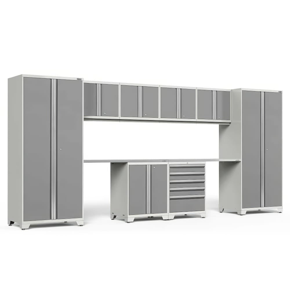 Gray And White Modular Garage Storage System With Upper Wall Cabinets Dual Tall Lockers A Central Workbench And A Drawer Unit