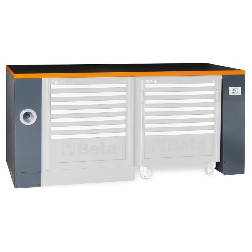Gray Beta Workbench Structure With A Black Orange Top Semi Transparent Rolling Tool Chests Left Circular Port And Right Outlet Panel