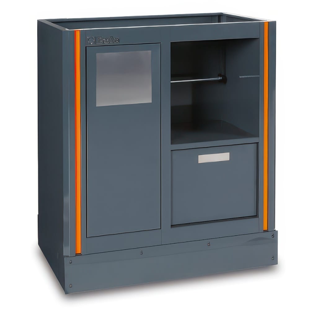 Gray Beta Workshop Cabinet With A Clear Window Door Open Storage Shelf Lower Drawer And Orange Vertical Trim