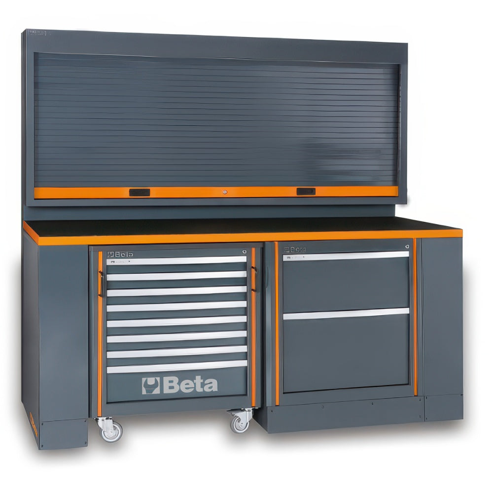 Gray Beta Workshop Station With Overhead Roll-Up Cabinet Mobile Seven-Drawer Tool Chest Two-Drawer Base Unit Black Worktop And Orange Trim