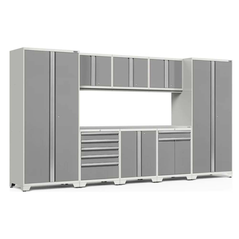 Gray Bold Series 2 Piece Set With Locker With A Combination Of Tall Cabinets, Upper Cabinets, And Lower Cabinets