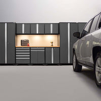 Gray Bold Series 2 Piece Set With Locker With Dark Gray Cabinets And A Wooden Countertop