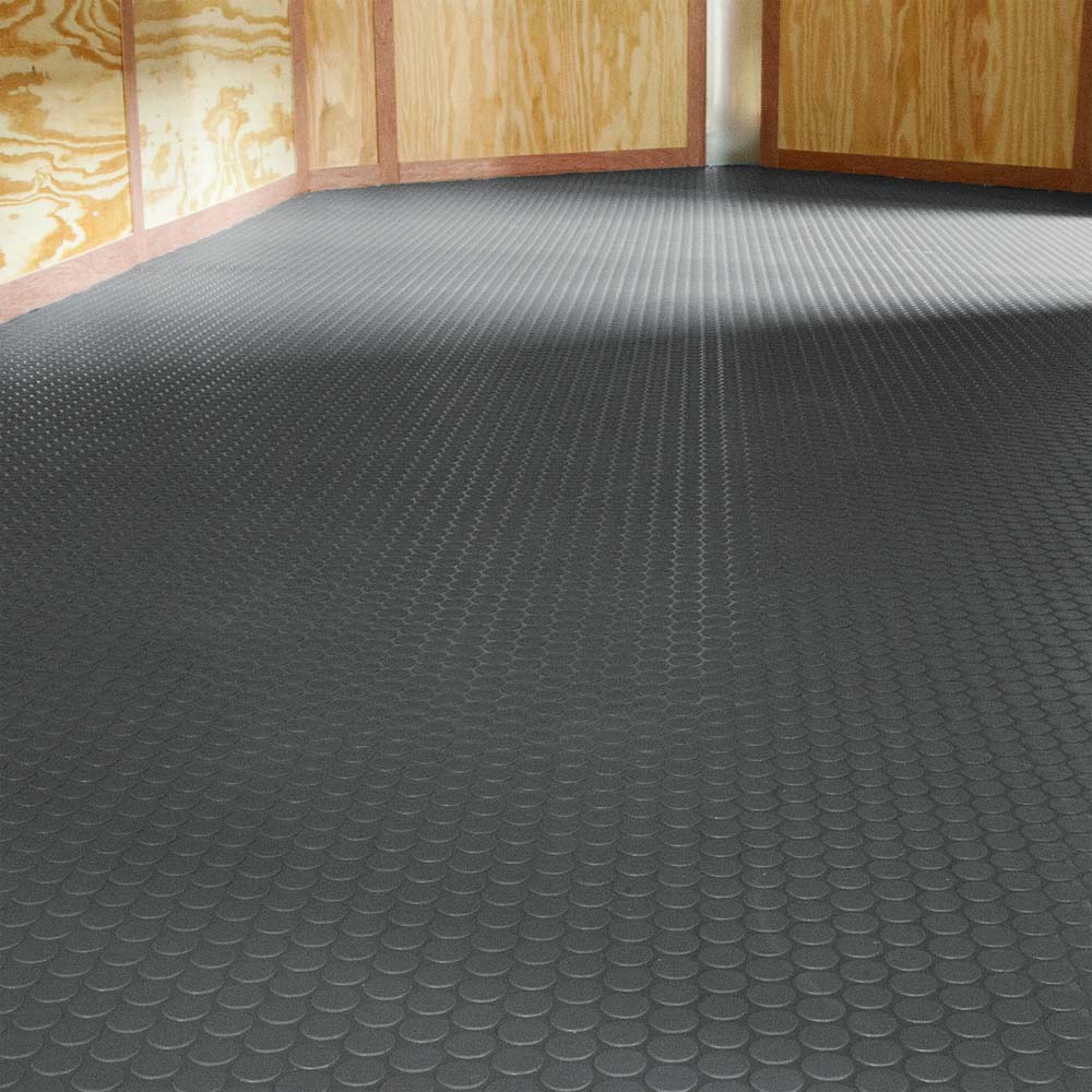 Gray Coin Flooring Roll With A Uniform Circular Pattern Covering The Entire Surface