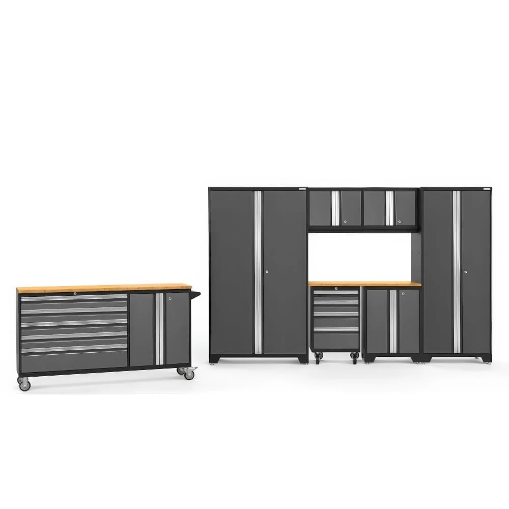 Gray Garage Cabinet Set Featuring Integrated Wood Worktops And Multiple Storage Options Including Tall Lockers Upper Cabinets And Rolling Tool Chests