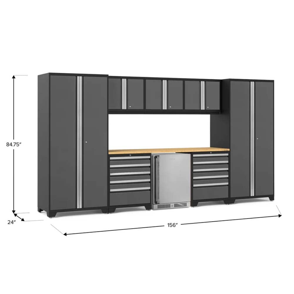 Gray Garage Cabinet Set With Wooden Countertop And Built In Beverage Fridge Is Displayed With Labeled Dimensions