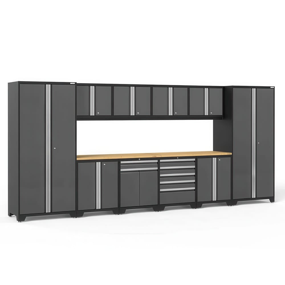Gray Garage Cabinet System With Tall Towers Overhead Cupboards Wood Worktop And Center Drawer Unit