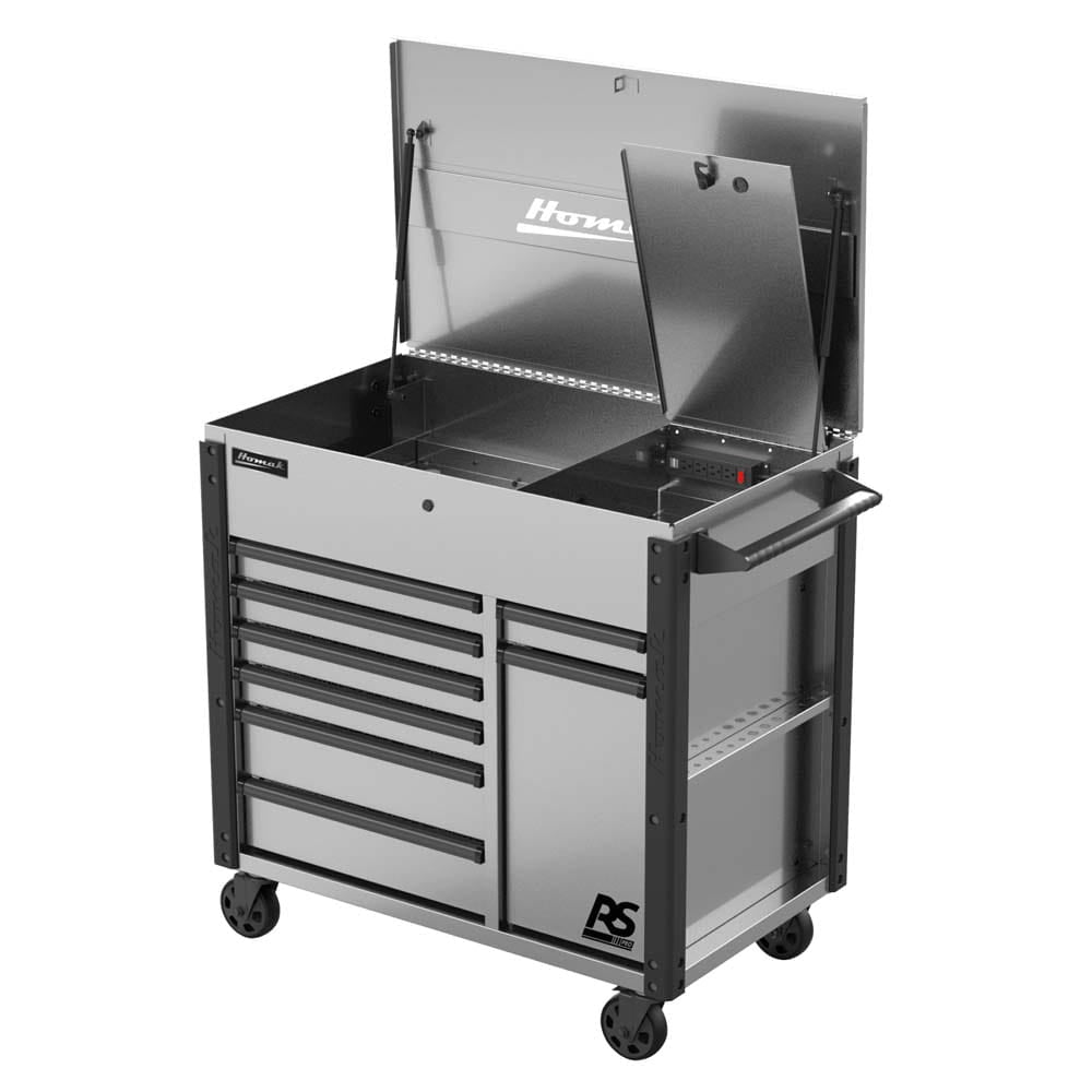 Gray Homak 44 RS Pro Power Service Cart, With Multiple Drawers, A Fold Up Lid, And A Pegboard Panel On The Back