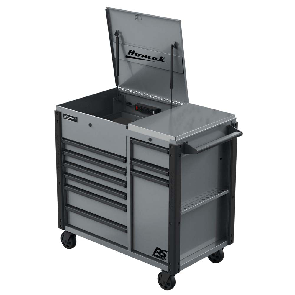 Gray Homak 44 RS Pro Power Service Cart With Multiple Drawers And A Flat Top Surface