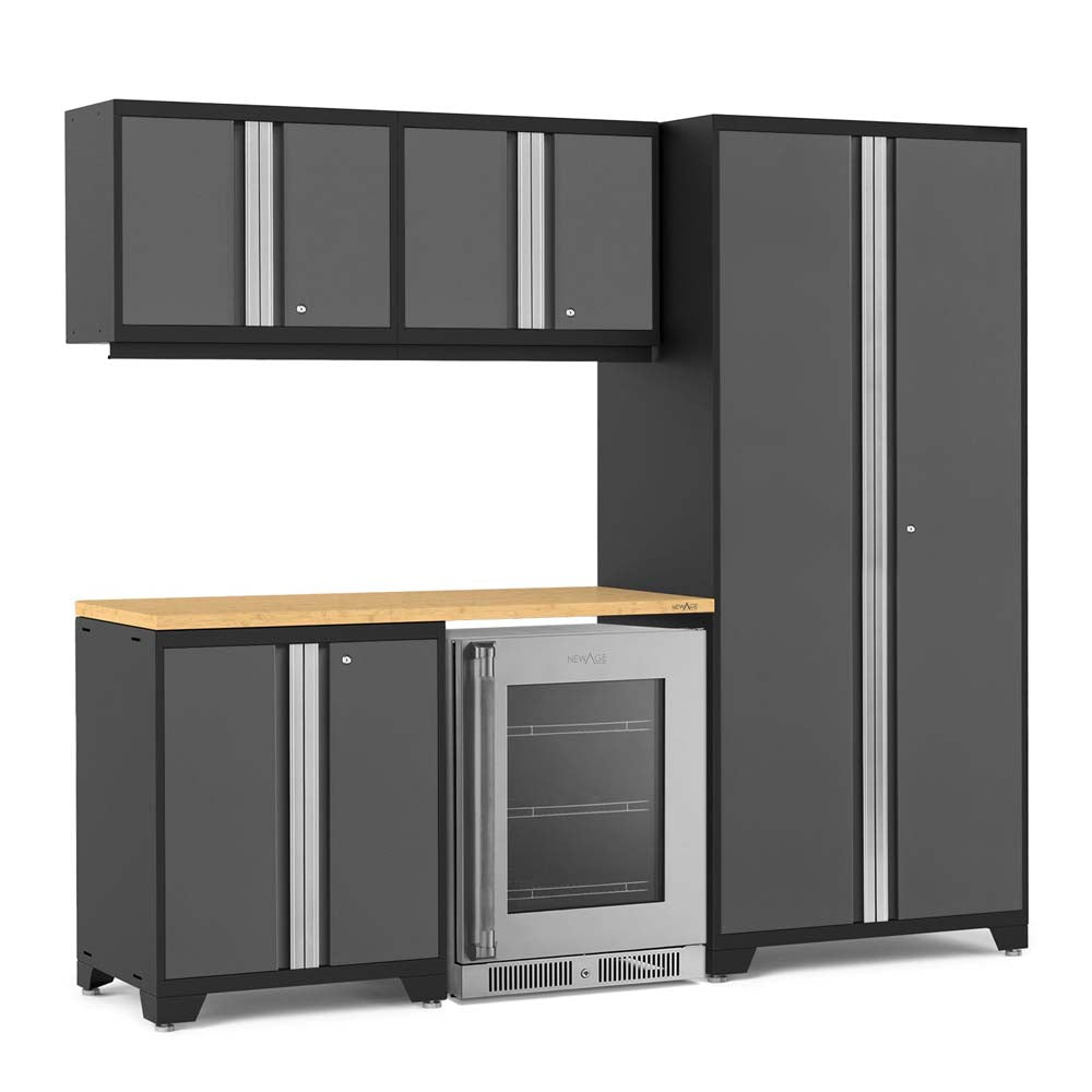 Gray Metal Garage Cabinet Combo With Wood Countertop And Center Glass Door Beverage Cooler