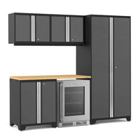 Gray Metal Garage Cabinet Combo With Wood Countertop And Center Glass Door Beverage Cooler