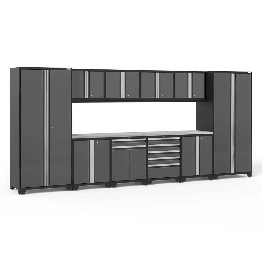 Gray Modular Garage Cabinet Set With Tall Pantry Lockers Overhead Cupboards Long Work Surface And Multi Drawer Tool Chest