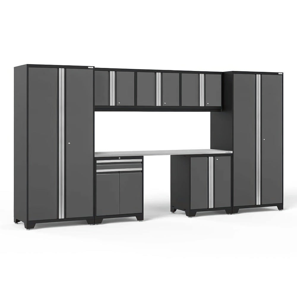 Gray Modular Garage Cabinet Set With Two Tall Lockers Overhead Wall Cupboards Long Worktop And Base Storage Units