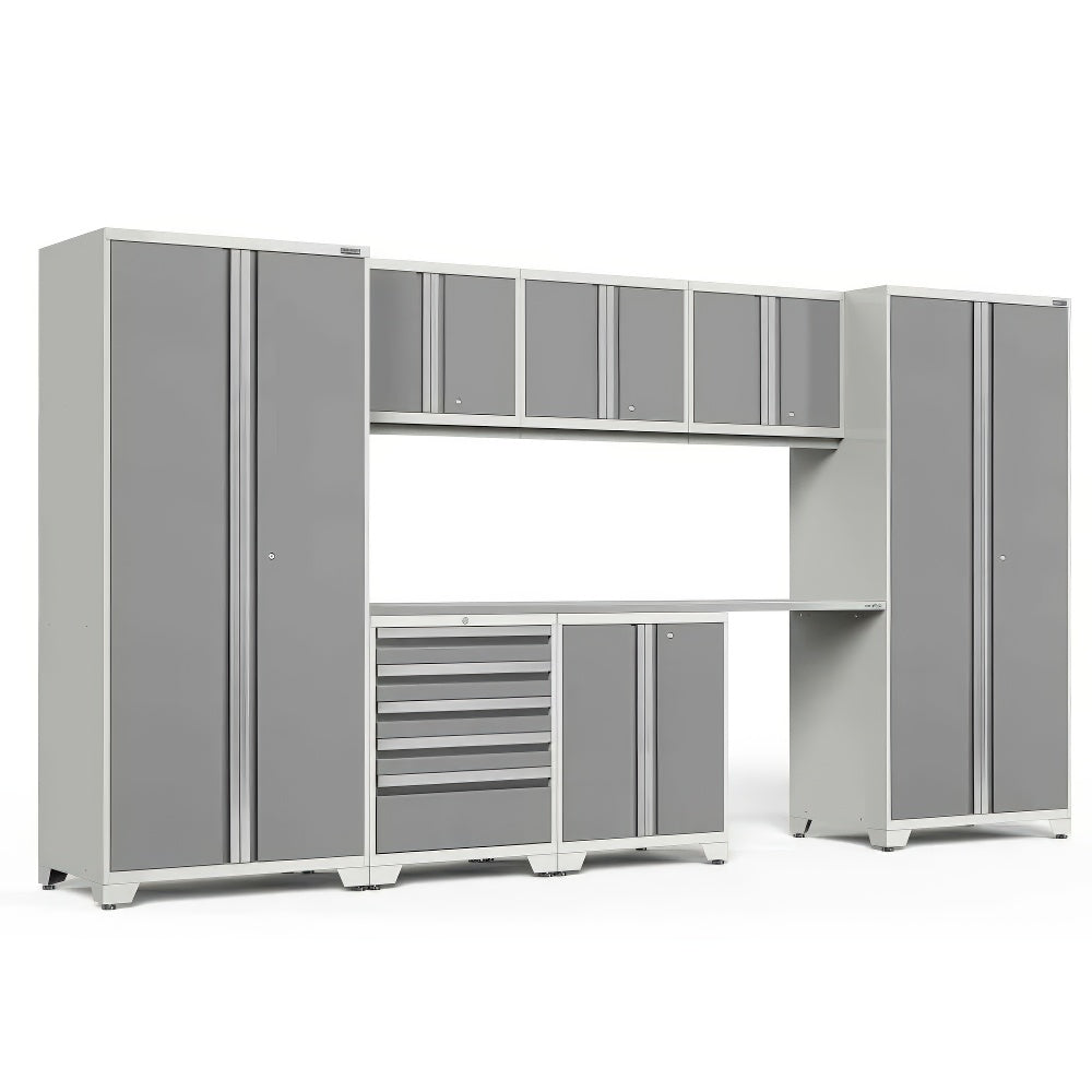Gray Modular Garage Cabinet System Features Tall Lockers A Spacious Steel Worktop Upper Storage Units And A Central Tool Chest