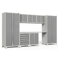 Gray Modular Garage Cabinet System Features Tall Lockers A Spacious Steel Worktop Upper Storage Units And A Central Tool Chest