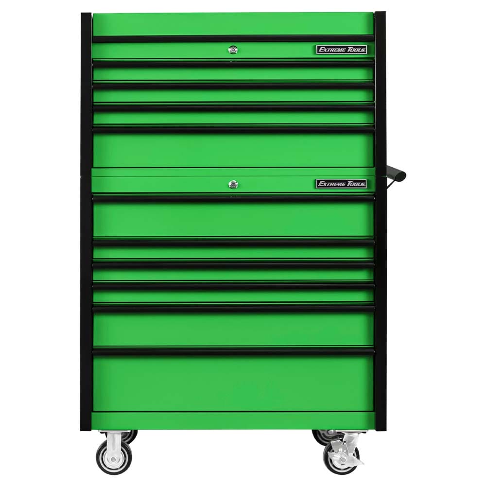 Green And Black Extreme Tools Rolling Tool Cabinet With Multiple Closed Drawers And Caster Wheels At The Bottom