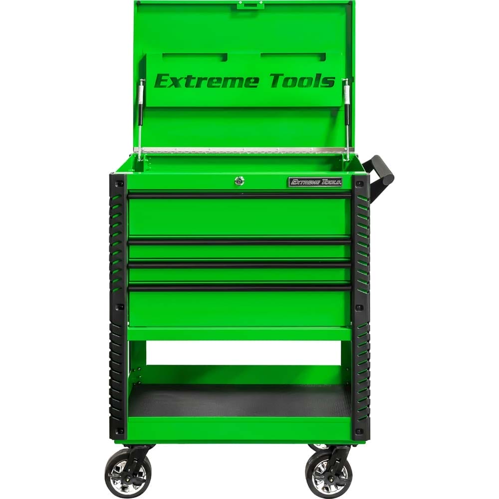 Green Extreme Tools 33 EX Series Tool Cart With An Open Lid, Revealing Three Drawers And A Lower Shelf All Mounted On Casters