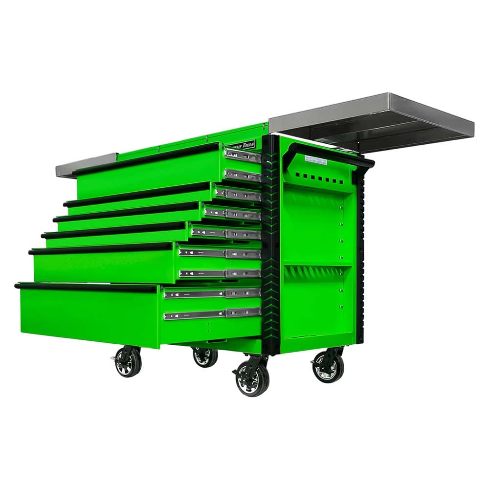 Green Extreme Tools 41 Inch Tool Cart On Caster Wheels With Its Stainless Steel Top Extended On Both Sides And All The Drawers Open