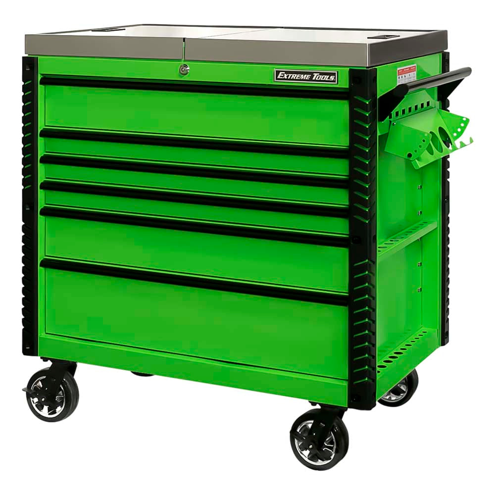 Green Extreme Tools 41 Tool Cart On Caster Wheels Featuring Multiple Black Handled Drawers And A Side Tool Organizer