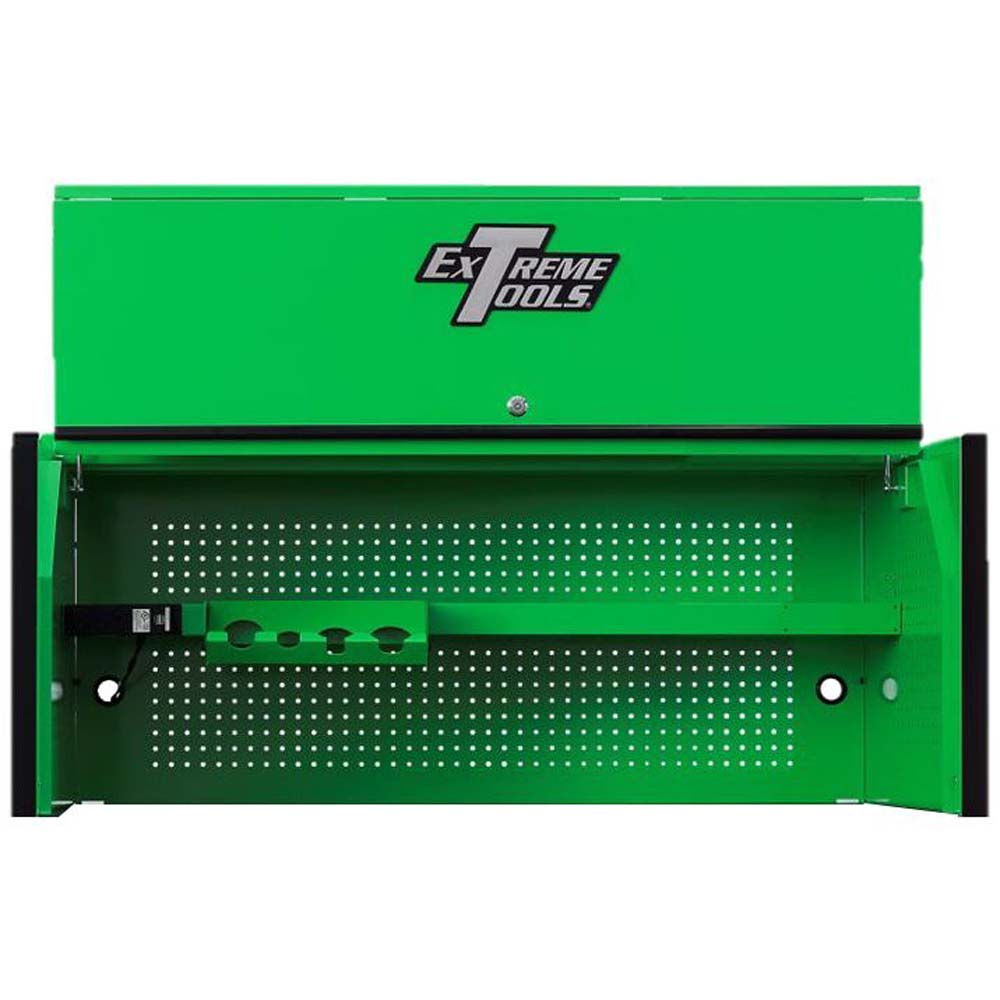 Green Extreme Tools 55 Toolbox With An Open Upper Compartment Featuring A Pegboard Back Panel And A Power Strip On The Left Side