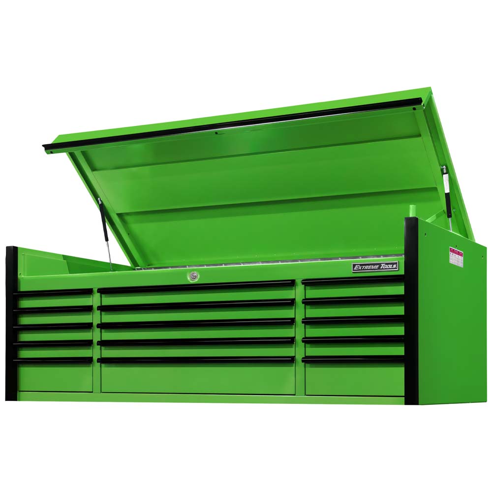 Green Extreme Tools 72 Inch 15 Drawer Triple Bank Top Chest With Black Handles