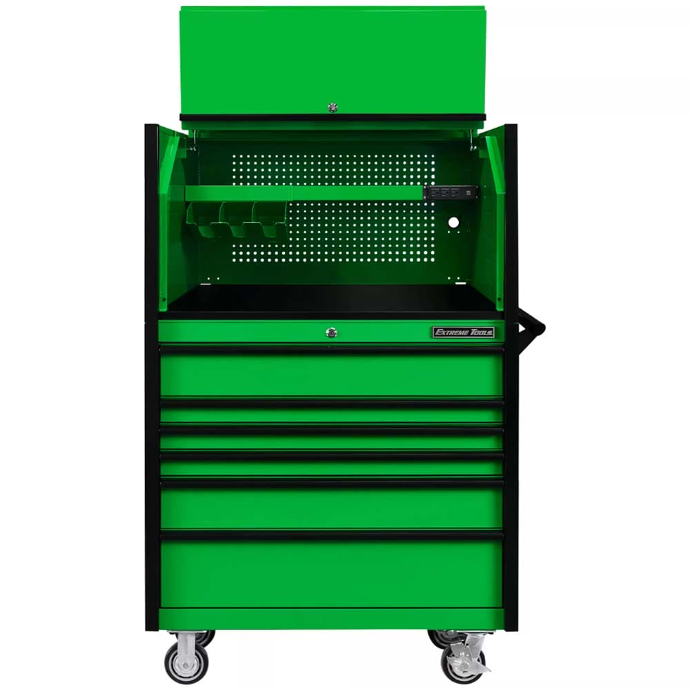 Green Extreme Tools DX Series With Multiple Drawers An Open Top Section Featuring A Pegboard Back, A Shelf, And A Side Handle