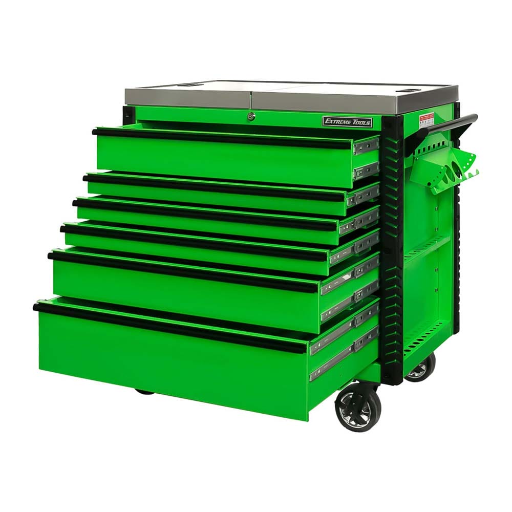 Green Extreme Tools EX Drawers On Caster Wheels With Multiple Drawers, Open Each With Black Handles And A Side Tool Organizer Attached