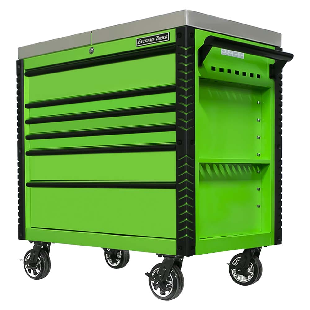 Green Extreme Tools EX Series Tool Cart On Caster Wheels With A Stainless Steel Top, Multiple Closed Drawers, And A Side Tool Organizer