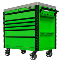 Green Extreme Tools EX Series Tool Cart On Caster Wheels With A Stainless Steel Top, Multiple Closed Drawers, And A Side Tool Organizer
