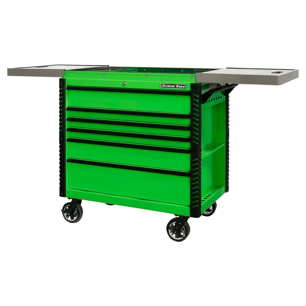 Green Extreme Tools EX Tool Cart On Caster Wheels With Its Top Open, Revealing Additional Storage Space