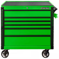 Green Extreme Tools EX Tool Cart With A Stainless Steel Top Five Closed Drawers A Side Handle And Mounted On Casters
