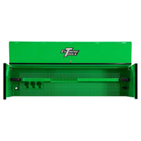 Green Extreme Tools utility storage hutch with pegboard and shelving for tool organization.