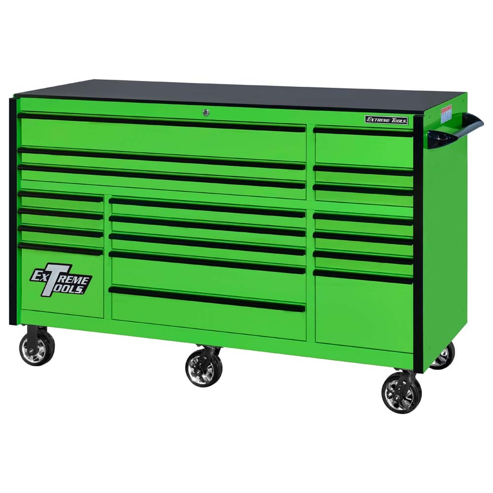 Green Extreme Tools RX Series 72 19 Tool Chest With Black Drawer Handles And Wheels Featuring The Extreme Tools Logo On The Front